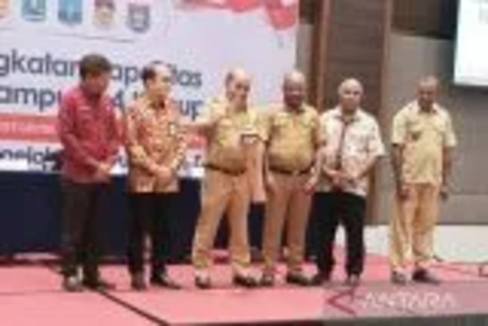 Penjabat Fungsional Analis Madya Pemprov Papua Yan Piet Rawar didampingi Direktur Pembangunan Ekonomi Kawasan pedesaan Kemendes PDT Lutfi Latif dan Wabup Biak Calvin Mansnembra (baju merah) membuka
