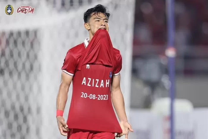 Pratama Arhan berikan selebrasi golnya untuk Azizah Salsha yang kedua kalinya. (Instagram timnas.indonesia)