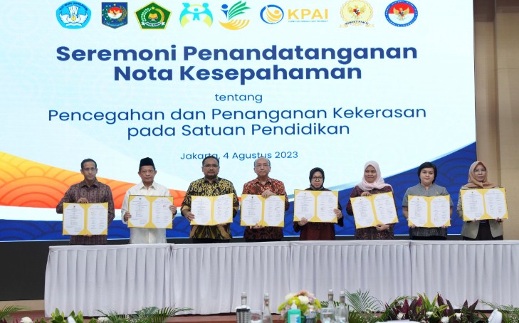 Penandatanganan Nota Kesepahaman 5 Kementerian dan 3 Lembaga tentang Pencegahan dan Penanganan Kekerasan di Lingkungan Satuan Pendidikan (4/8/2023)