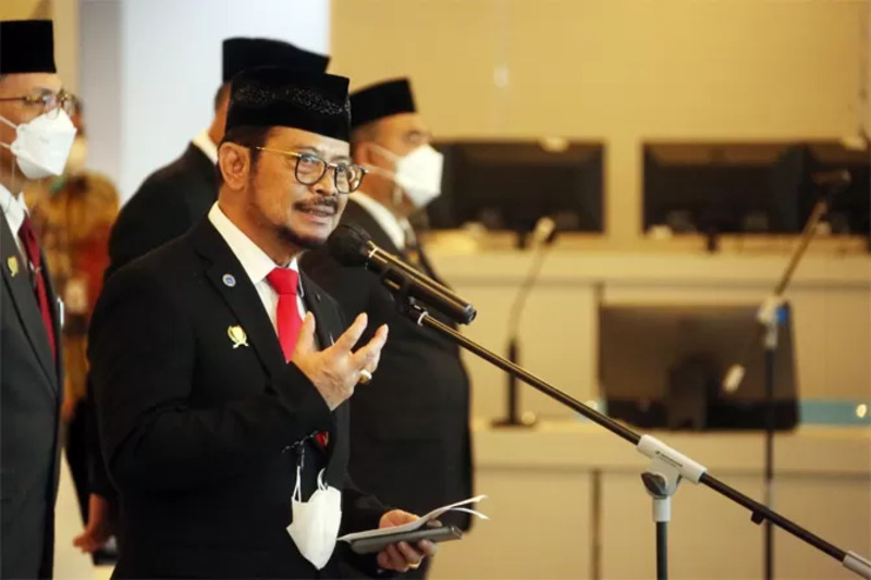 Menteri Pertanian Syahrul Yasin Limpo (SYL) saat memimpin prosesi upacara peringatan Hari Kesaktian Pancasila di Kementerian Pertanian yang dilaksanakan dengan daring dan luring, Jum&rsquo;at (1/10).