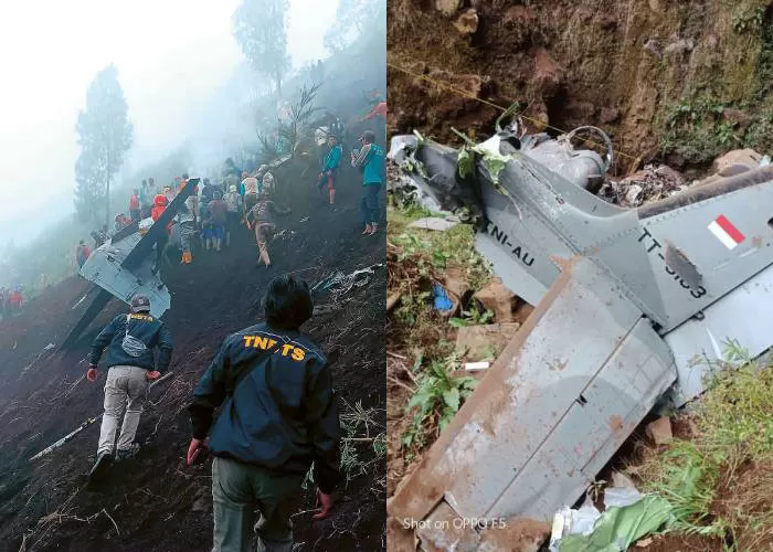 EVAKUASI: Petugas dan warga mengevakuasi puing-puing pesawat yang mengalami kecelakaan di Desa Wonosari, Kecamatan Lumbang, Pasuruan, Kamis (16/11).