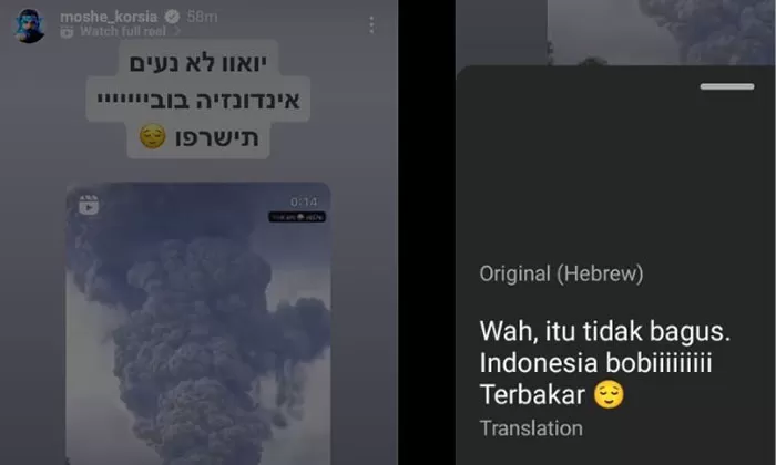 Tangkapan layar cerita Instagram @moshe_korsia, tentara Israel yang mengejek musibah letusan gunung Marapi Sumbar (X/Greschinov)