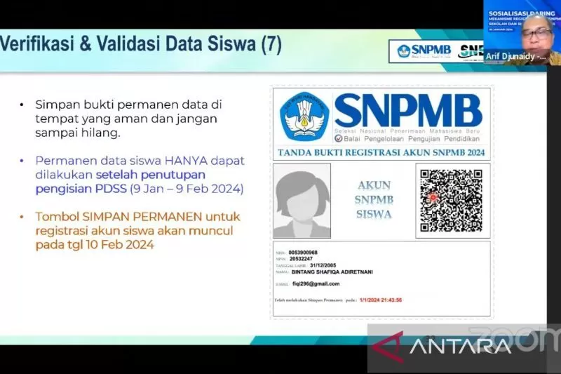 Tangkapan layar sosialisasi mekanisme pendaftaran SNPMB siswa secara daring. (ANTARA/Lintang Budiyanti Prameswari )