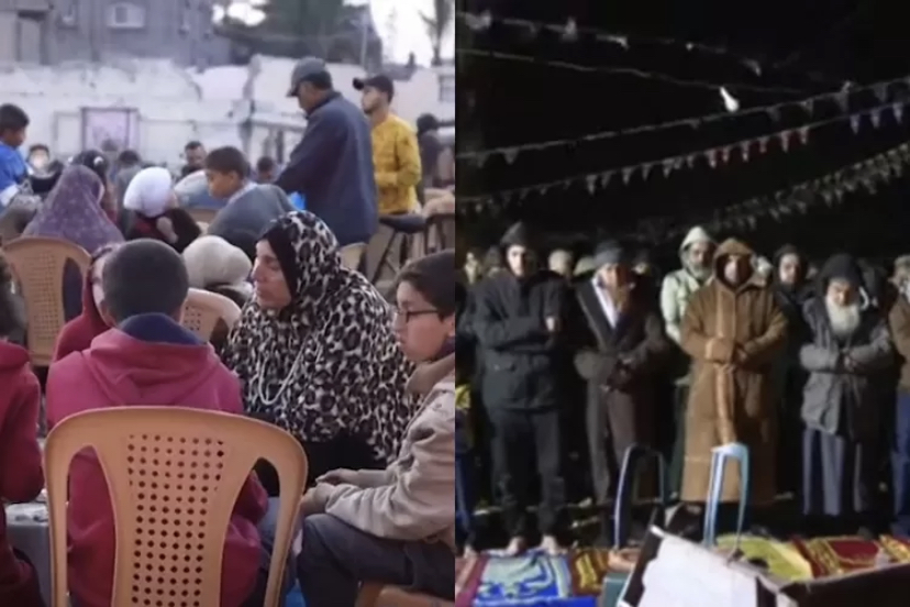 situasi ramadhan di gaza, warga palestina sholat di tempat terbuka dan krisis makanan