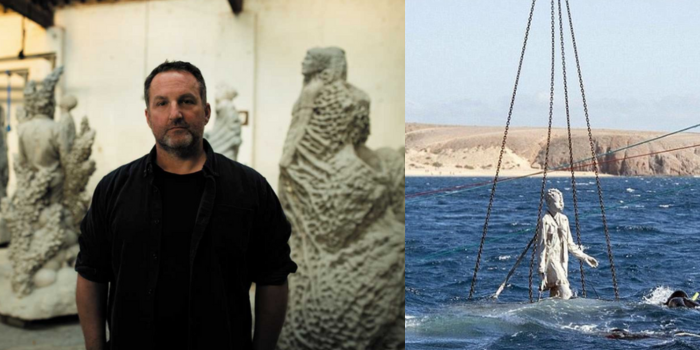 Gambar Kiri - Jason deCaires Taylor, yang merupakan seniman, pelestari lingkungan, dan fotografer bawah laut profesional.   Gambar Kanan - Patung yang diturunkan dengan hati-hati ke air.