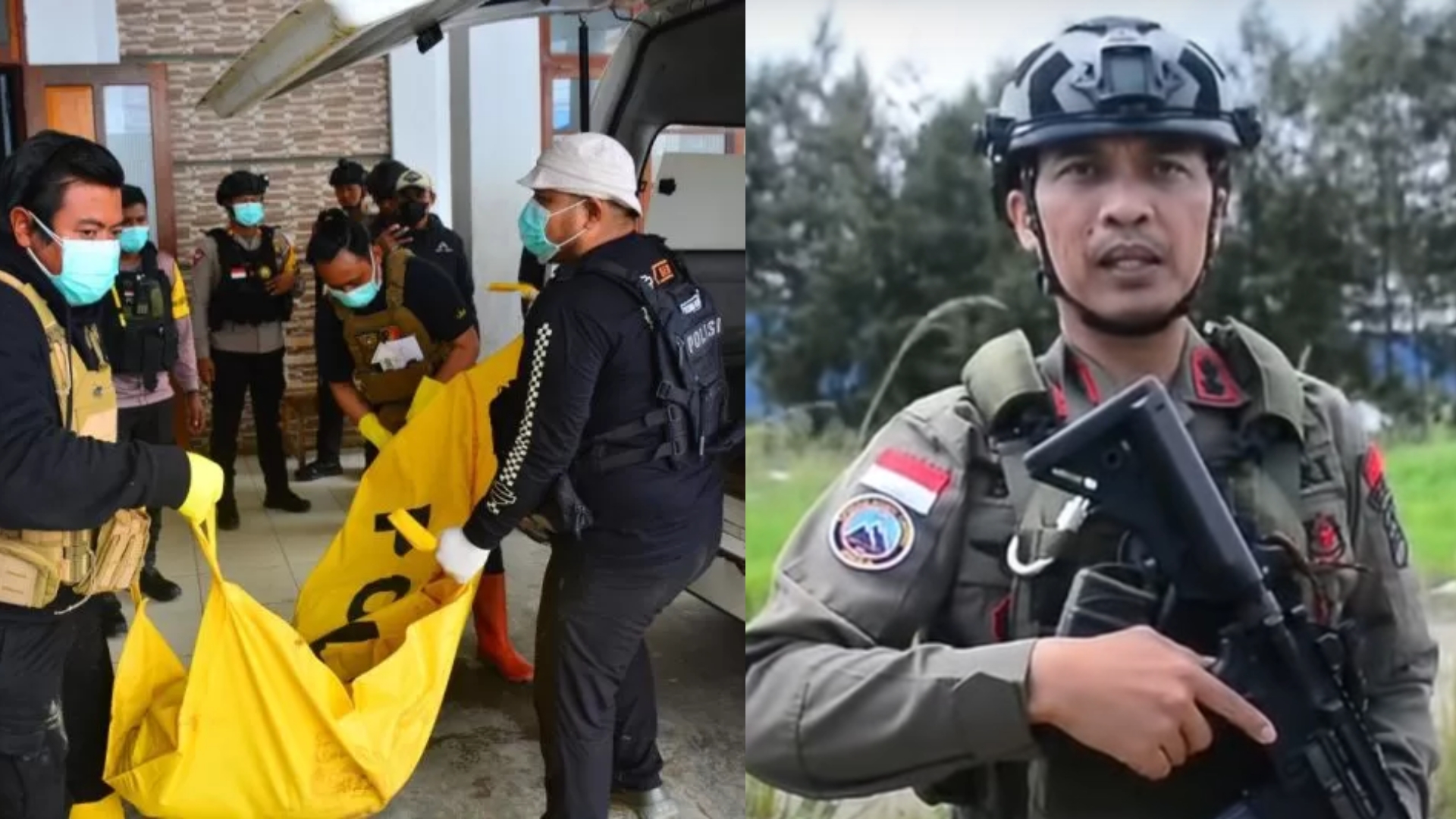 Satgas Operasi Damai Cartenz 2024 mengevakuasi mayat anggota KKB Baganiok Murib ke RSUD Paniai, Papua Tengah (Kiri). Satgas Damai Cartenz (Kanan).