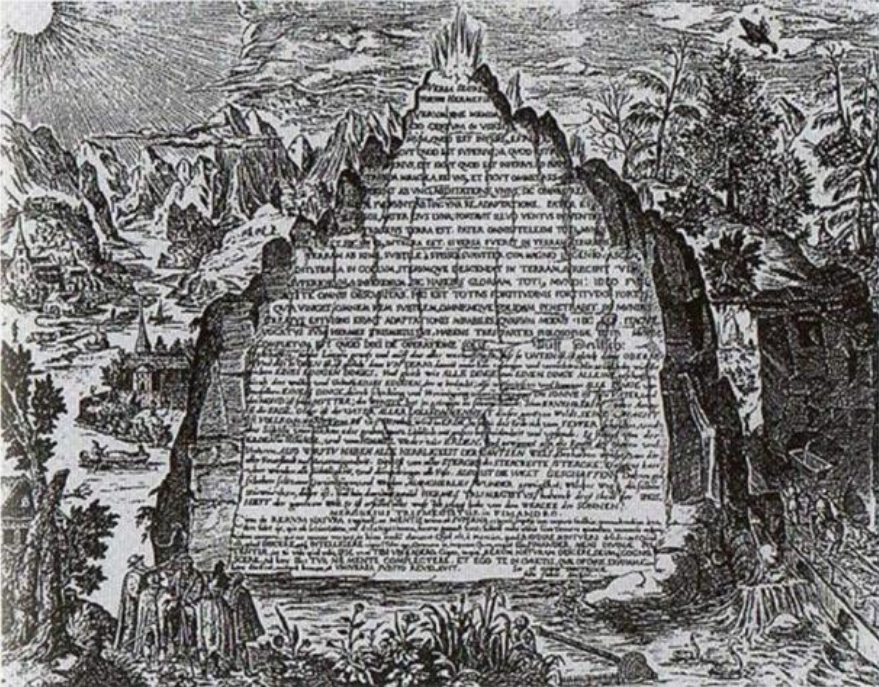 Penggambaran abad ke-17 yang imajinatif dari Tablet Zamrud dari karya Heinrich Khunrath, 1606.