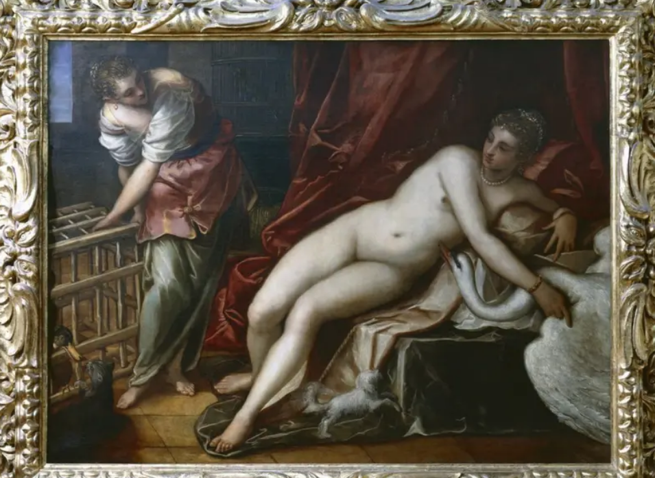 Lukisan yang dibuat oleh seniman Renaisan Italia, Tintoretto, terinspirasi mitologi Yunani tentang Leda dan Angsa.