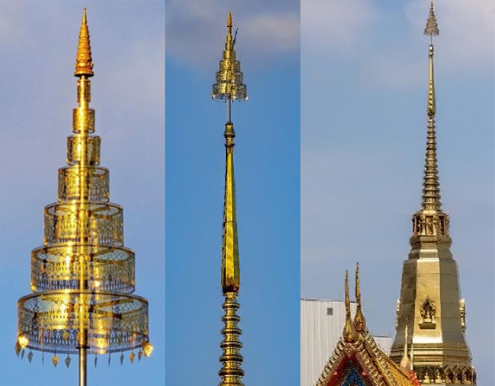 Payung tujuh tingkat yang dibuat dengan laser dipasang di atas pagoda kuil That Thong, Bangkok, Thailand