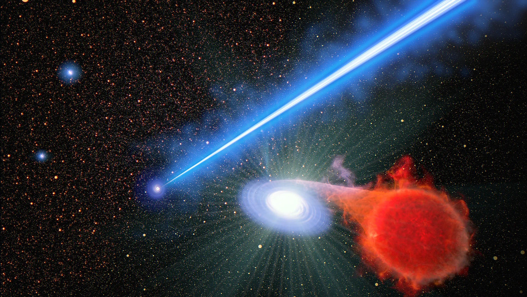 Ini adalah konsep seorang seniman yang melihat inti galaksi elips raksasa M87. Sebuah lubang hitam supermasif mengeluarkan pancaran plasma sepanjang 3.000 tahun cahaya