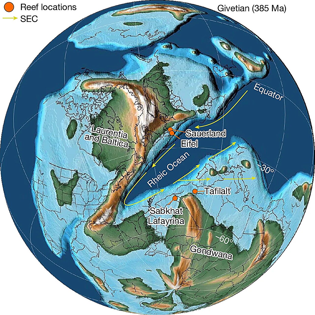 Contoh lokasi relatif terhadap rekonstruksi paleogeografi konfigurasi benua selama tahap Givetian (sekitar 387&ndash;382 juta tahun yang lalu) pada periode Devonian (sekitar 419&ndash;359&thinsp; juta tahun yang lalu).