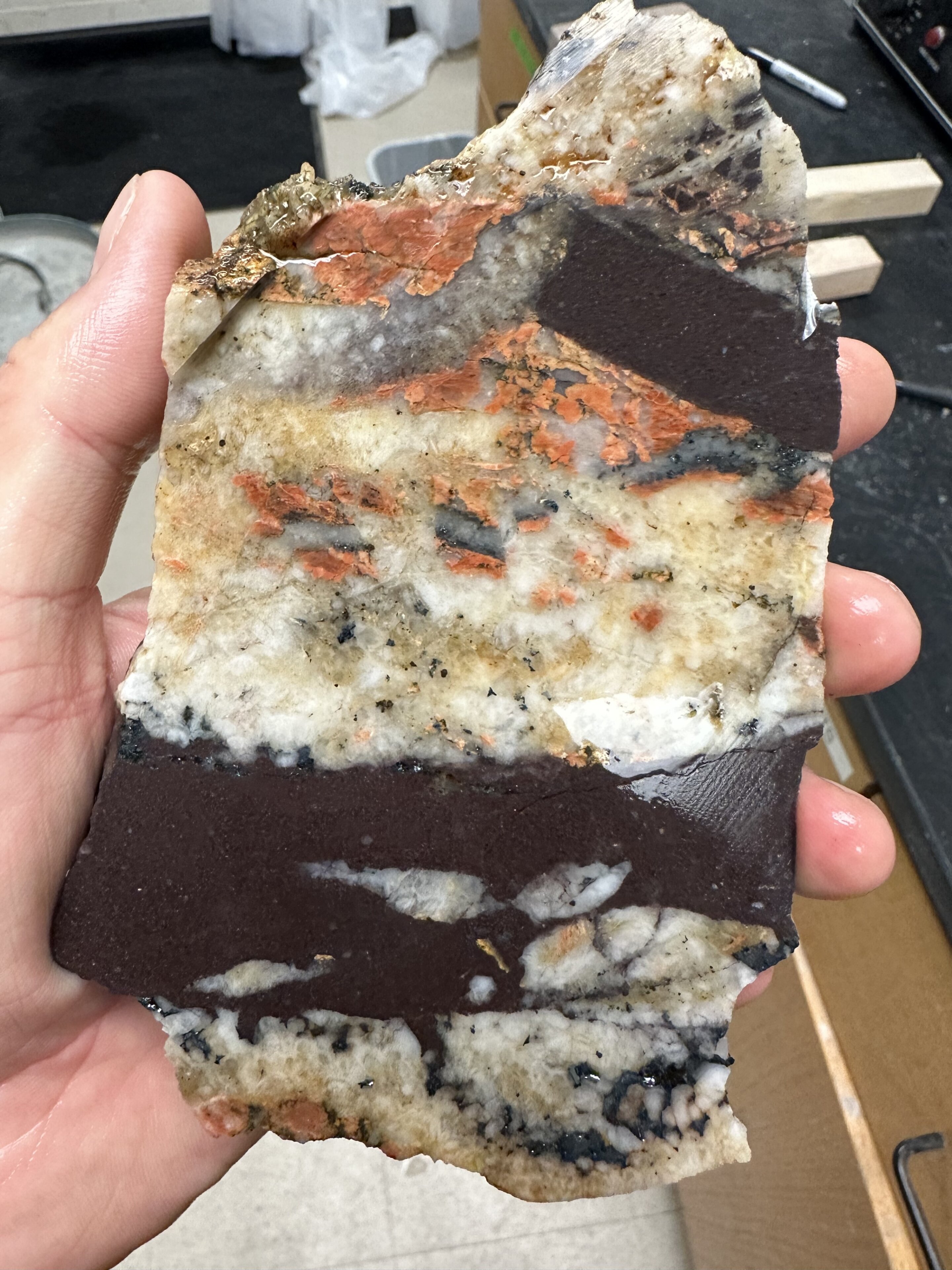 Garis-garis coklat tua dari batupasir Tava menembus batuan lainnya.