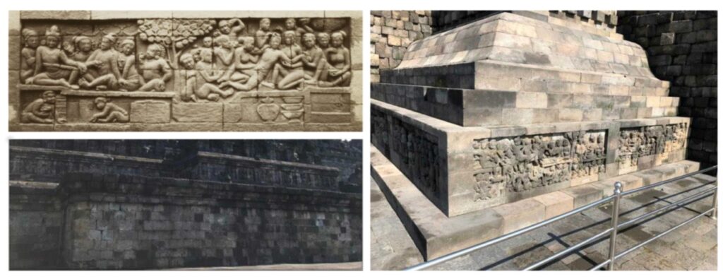 Foto arsip abad ke-19 yang menunjukkan panel relief (kiri atas) yang kini tersembunyi di balik dinding batu (kiri atas) di Candi Borobudur, Indonesia.