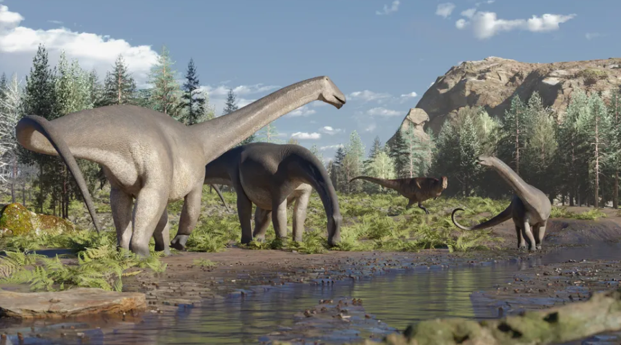 Sauropoda yang baru dideskripsikan, Sidersaura marae, hidup pada masa Kapur di tempat yang sekarang dikenal sebagai Argentina. Kita melihat pemangsa Meraxes gigas di latar belakang.