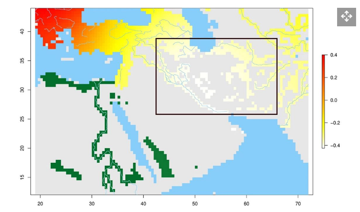 Area geografis (persegi panjang hitam) dari kemungkinan pusat di mana Homo sapiens di luar Afrika hidup antara 70.000 dan 45.000 tahun yang lalu.