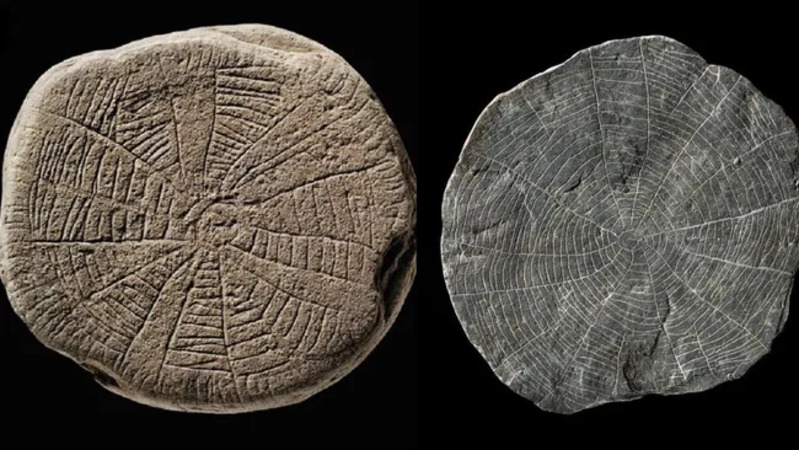 Dua batu matahari, potongan kecil serpih yang diukir dengan motif matahari. (Kredit gambar: Museum Nasional Denmark)