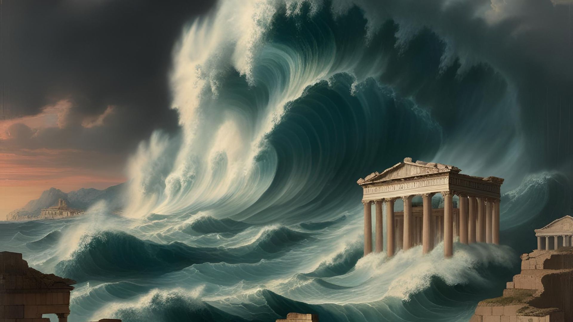 Ilustrasi tsunami yang menghantam kreta (canva.com)
