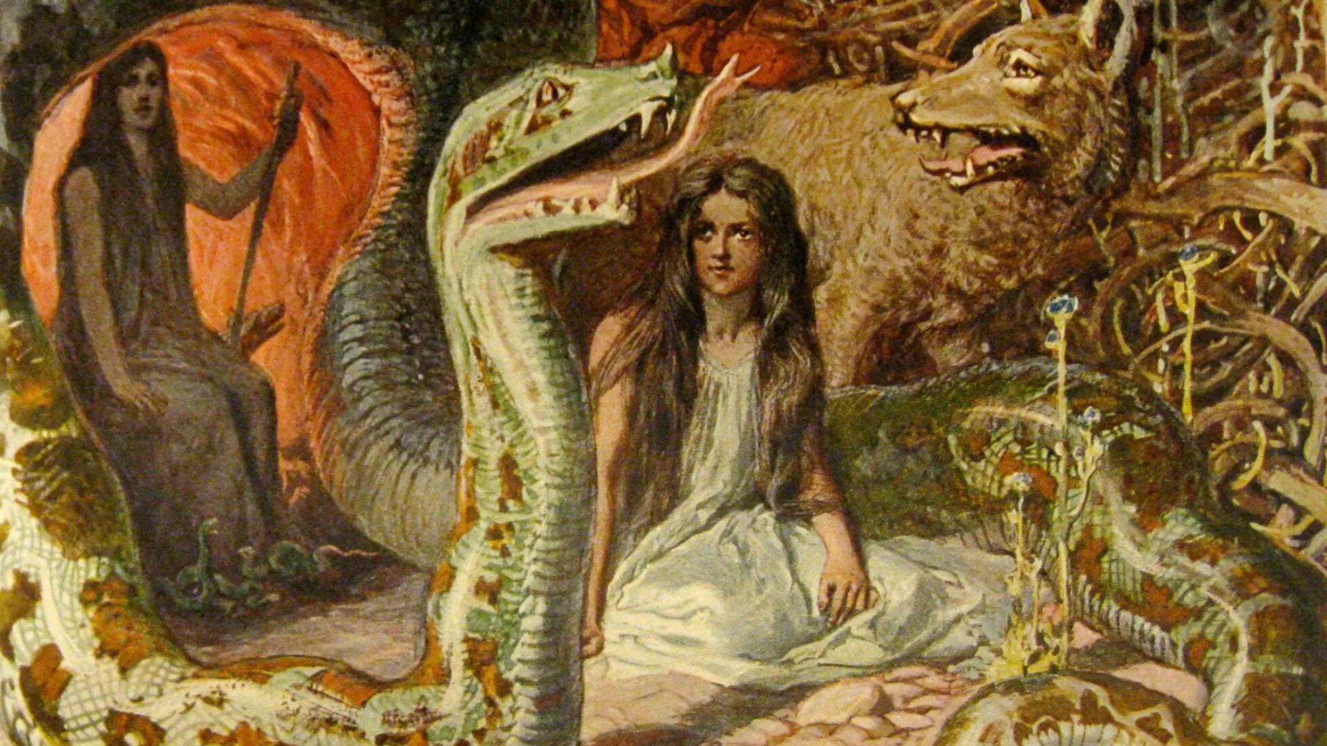 Tiga bersaudara Hel, Fenrir si serigala, dan J&ouml;rmungandr. Di latar belakang duduk ibu mereka, Angerboda (Emil Doepler)
