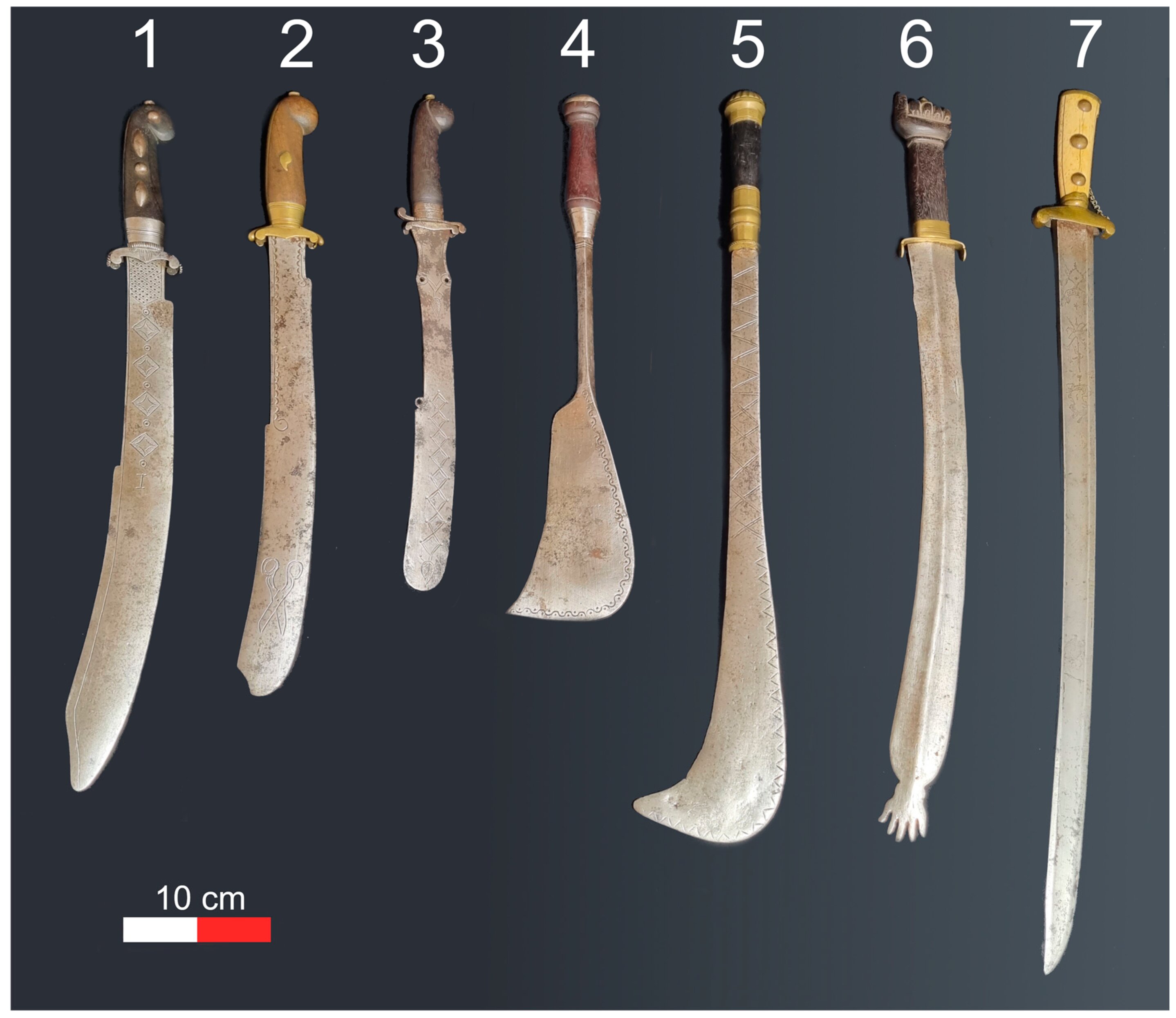 Pedang 1 hingga 6 telah diidentifikasi sebagai pedang Dahomean abad ke-19 dan pedang 7 adalah pedang Eropa atau couteau de chasse yang berasal dari paruh kedua abad ke-18.