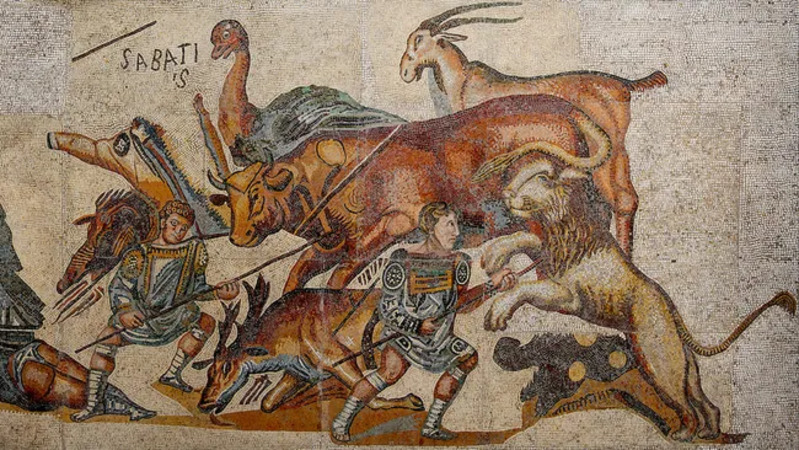 Mosaik ini menunjukkan pertarungan antara manusia dan binatang. Pertarungan semacam itu terjadi di sebagian besar wilayah Kekaisaran Romawi. (Kredit gambar: Mondadori Portfolio via Getty Images)