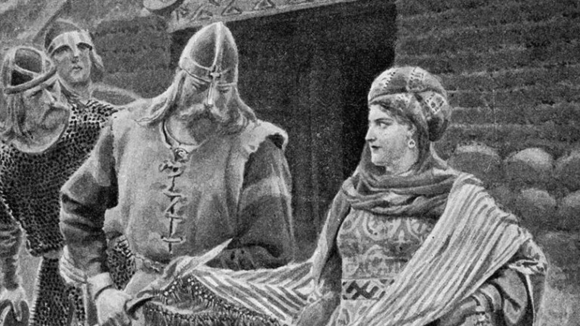 Helgi dan Gu&eth;r&uacute;n dari Laxd&aelig;la Saga, diilustrasikan oleh Andreas Bloch