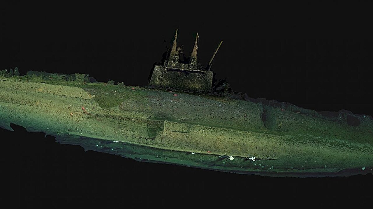 Rekonstruksi fotogrametri kapal selam USS F-1 di dasar laut sebelah barat San Diego, Kalifornia.