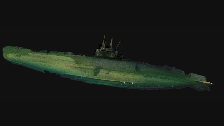 Sebuah rekonstruksi yang dibuat dari foto-foto digital dan data sonar yang mendetail menunjukkan kapal selam AS F-1 yang terbaring di dasar laut beberapa mil dari San Diego.
