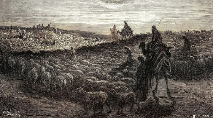 Sebuah ukiran berwarna dari abad ke-18, karya seniman Prancis Gustave Dor&eacute;, yang menggambarkan Abraham dalam Alkitab Ibrani yang melakukan perjalanan ke Tanah Kanaan.