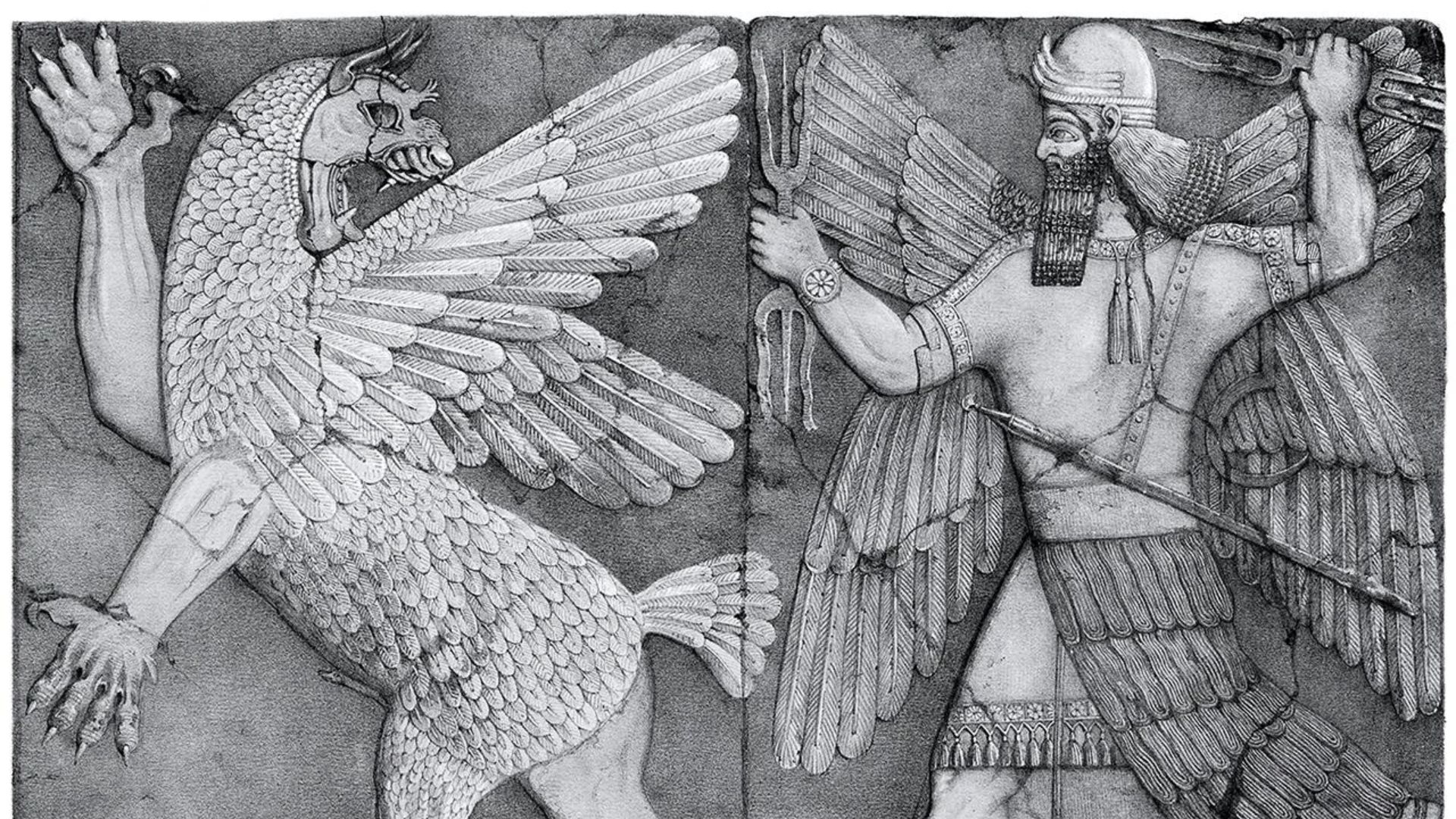 Griffin telah menjadi tokoh penting dalam seni dan sastra mitologi setidaknya sejak milenium ke-4 SM. Ilustrasi oleh L. Gruner, dari Layard (1853)