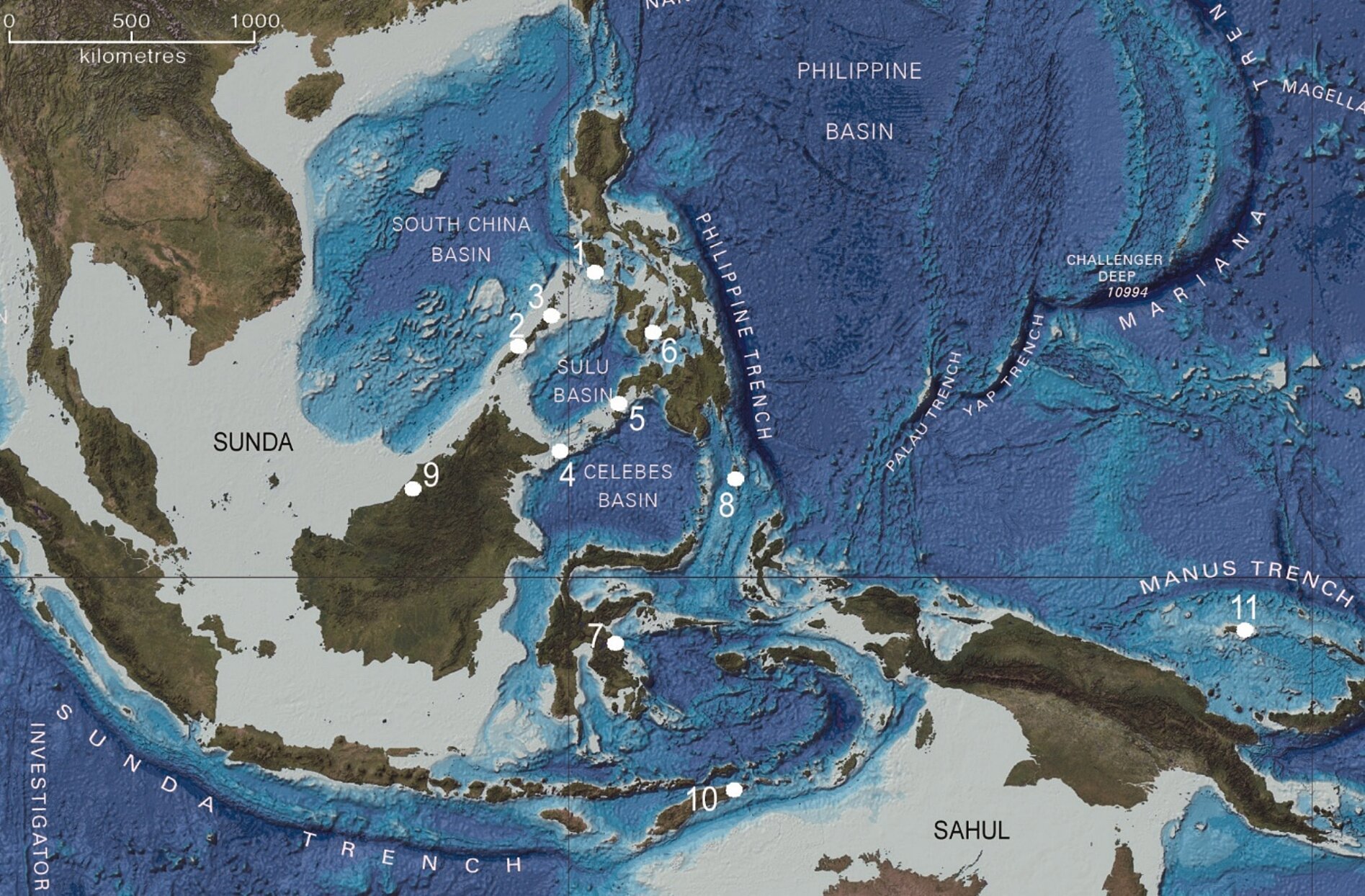 Peta Kepulauan Asia Tenggara (ISEA) dan wilayah Sunda seperti yang muncul sekitar 25.000 tahun yang lalu pada puncak Zaman Es terakhir, dengan lokasi situs arkeologi yang disurvei oleh Proyek Arkeolog