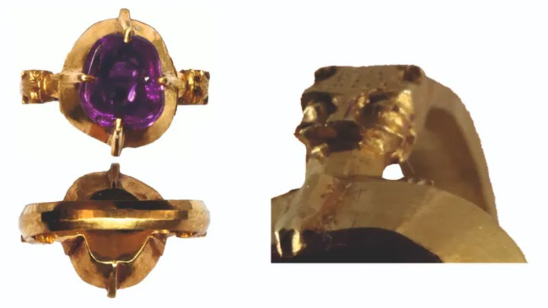 Cincin safir ungu terlihat dari atas dan bawah, disertai detail singa. (Kredit gambar: No&eacute;mi Beljak Pažinov&aacute;)