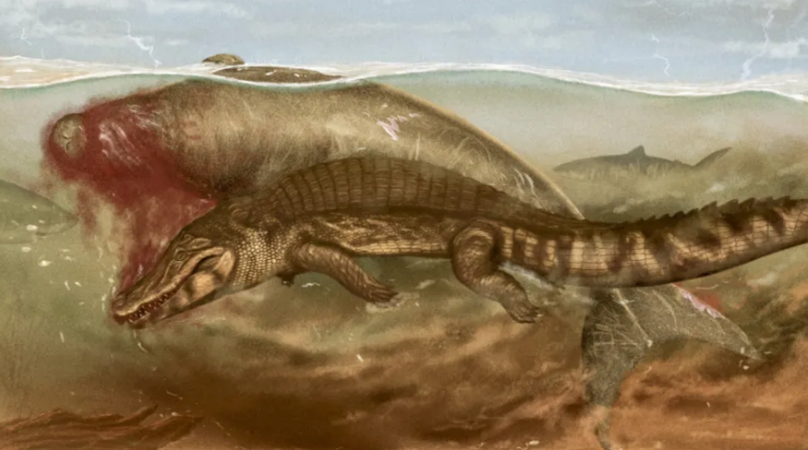 Kesan seniman tentang buaya prasejarah yang menyerang sapi laut, sementara seekor hiu macan menunggu di latar belakang.