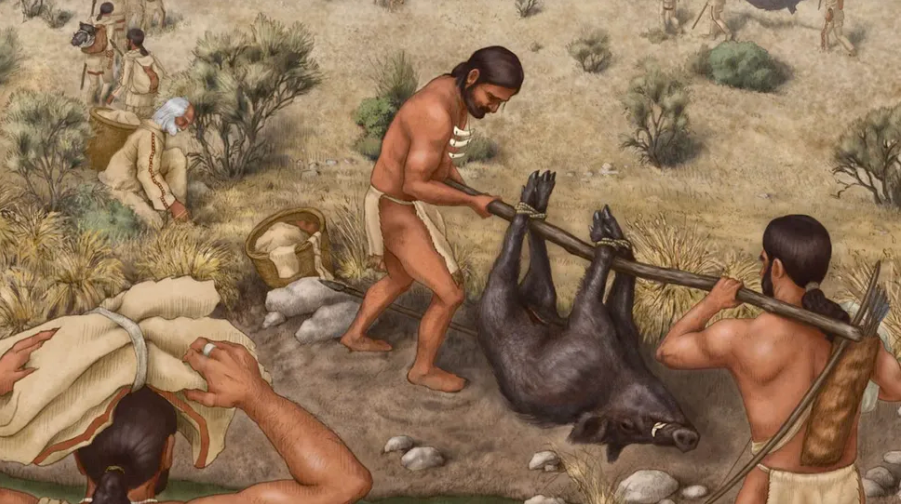 Penggambaran artistik dari orang-orang yang membawa babi hutan ke sebuah pesta kuno.