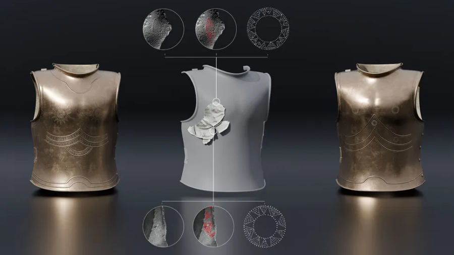 Rekonstruksi 3D (kanan) dari fragmen baju besi (tengah) berdasarkan contoh dari Prancis (kiri).