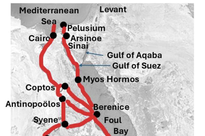Peta referensi yang menunjukkan kenampakan alam yang dikutip, kota, dan rute yang diketahui menghubungkan Sungai Nil, Teluk Foul, Teluk Suez, Laut Merah, dan Laut Mediterania sepanjang sejarah.