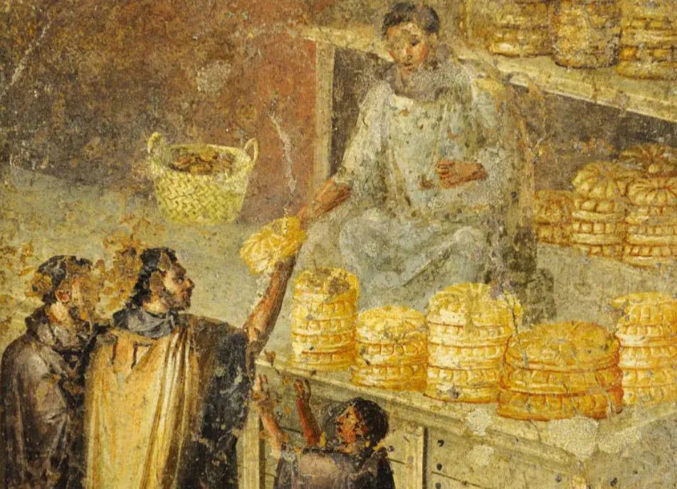 Pembagian roti digambarkan dalam lukisan dinding di dalam Casa del Panettiere di Pompeii.
