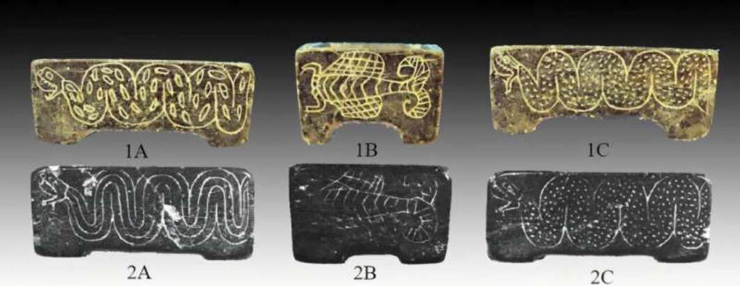 Wadah klorit bermotif ular dan kalajengking. Bagian atas dari Tepe Chalow, bagian bawah dari Baktria.