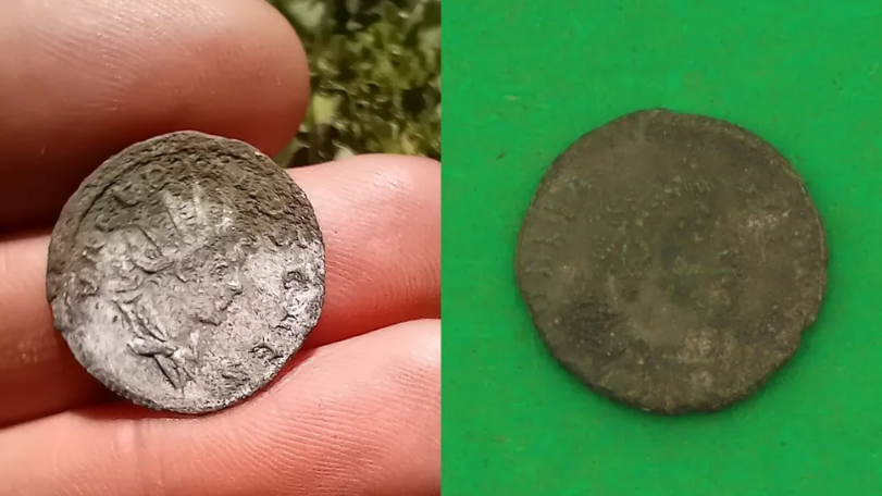 Arkeolog menemukan dua koin Romawi di dekat bangunan era Romawi. Di sebelah kanan adalah koin perak, yang dikenal sebagai antoninianus, milik Kaisar Romawi Valerianus II yang beredar pada tahun 255 M.
