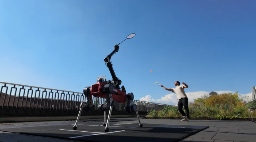 ANYmal playing badminton against a human player. (Image credit: &copy; 2025 Yuntao Ma, Robotic Systems Lab, ETH Zurich.)