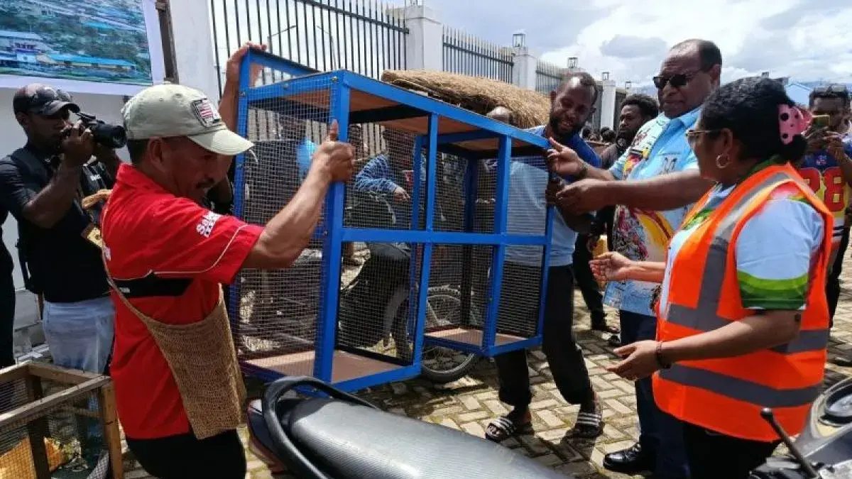 Bantuan fasilitas usaha kepada 10 pemuda yang menjadi rol model di daerah ini, diserahkan secara simbolis oleh Bupati Jayawijaya Atenius Murib didampingi Plt Kepala DLH Kabupaten Jayawijaya dr Idawati Waromi. (Antara/Yudhi Efendi)