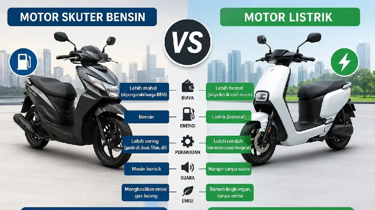Sebelum Beli, Intip Perbandingan Biaya Motor Listrik dan Motor Bensin dalam 5 Tahun. (Ilustrasi AIGPT)
