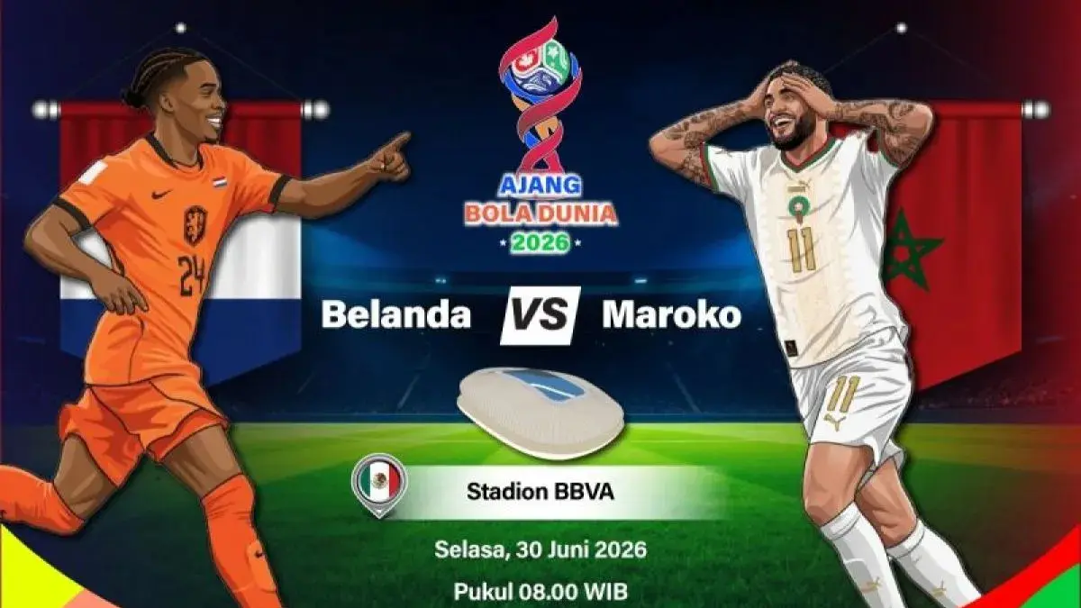Grafik ilustrasi pertandingan babak 32 besar Piala Dunia 2026 antara Belanda melawan Maroko yang dijadwalkan berlangsung di Stadion BBVA, Monterrey, Meksiko, Senin (29/6/2026) waktu setempat. ANTARA INFOGRAFIK/Vintan Rahmadanti