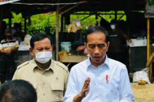 Presiden Joko Widodo (kanan) didampingi Menteri Pertahanan Prabowo Subianto memberikan keterangan pers usai mengunjungi Pasar Bangkal Baru, Kabupaten Sumenep, Jawa Timur, Rabu (20/4/2022). (ANTARA/HO-Biro Pers Sekretariat Presiden)