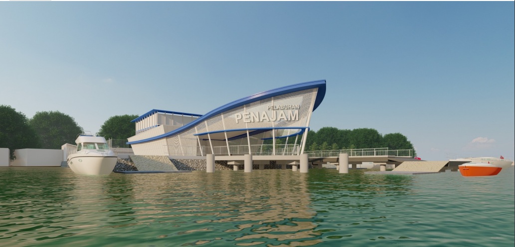 DOK DISHUB PPU  ELEGAN: Desain revitalisasi Pelabuhan Speedboat dan Kelotok Penajam dilihat dari arah laut.