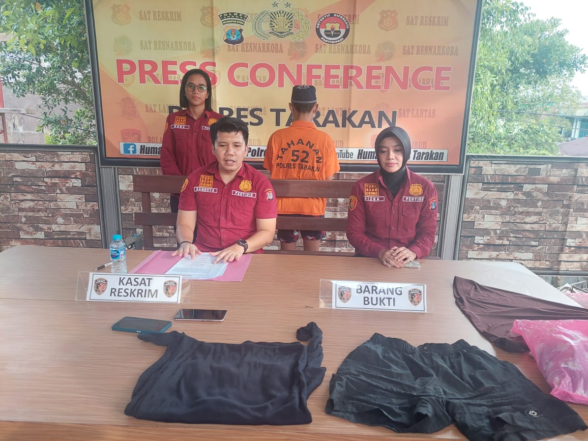 FOTO: ELIAZAR/RADAR TARAKAN PENCABULAN: Pelaku pencabulan dan barang bukti yang diamankan oleh Satreskrim Polres Tarakan.