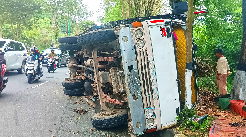 SYAHRUL/KP NAHAS: Larut saat menikung di badan jalan yang agak miring, truk penuh muatan terbalik setelah menabrak pohon di pinggir jalan di kawasan Marsma Iswahyudi, Rabu (21/8) siang. (SYAHRUL/KP)