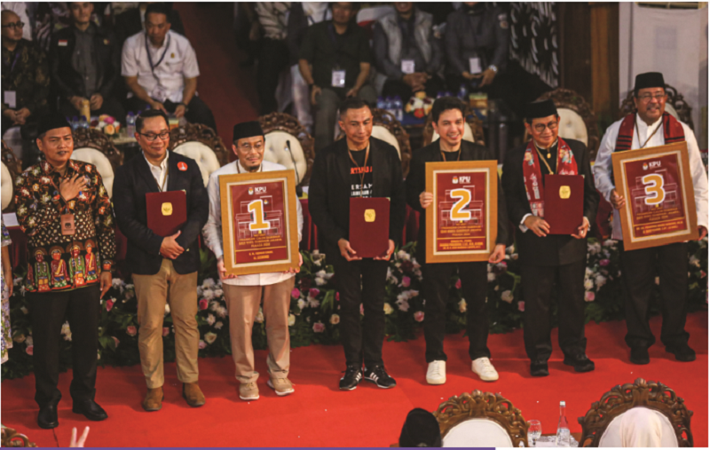 PENGUNDIAN: KPUD Jakarta telah melakukan pengundian nomor urut pasangan calon gubernur-wakil gubernur untuk Pilgub Jakarta 2024. &nbsp;(Miftahul Hayat/ Jawa Pos))