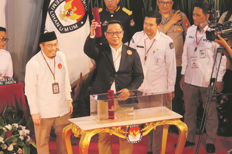OPTIMISTIS: Calon Gubernur Jakarta nomor urut 1 Ridwan Kamil yakin akan menang Pilkada Jakarta dalam satu putaran. (Miftahul Hayat/ Jawa Pos.com)