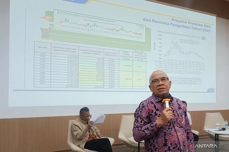 PANGAN: Direktur Utama Perum Bulog Wahyu Suparyono dalam acara media briefing di Jakarta, Rabu (22/1/2025) (ANTARA/Muzdaffar Fauzan)