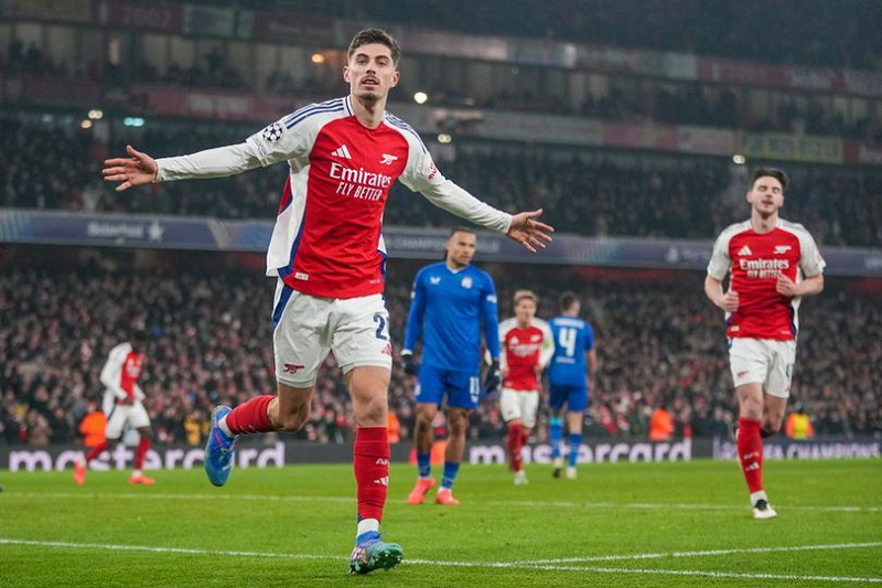 AP Photo/Kin Cheung MENANG TELAK: Selebrasi Kai Havertz dalam laga Liga Champions antara Arsenal vs Dinamo Zagreb, Kamis (23/1).